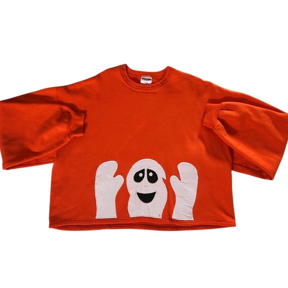 Vintage Halloween Ghost Cropped Crewneck Sweatshirt Size XL Jerzees Reworked
